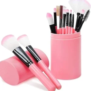 Makeup Brush Set With Storage Barrel - Pack of 12 (Pink)